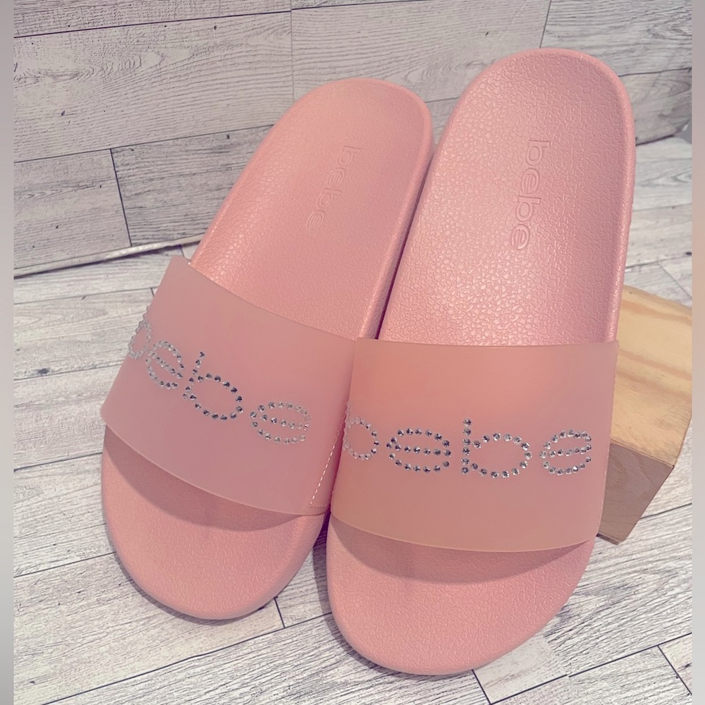 Bebe Pink/ Rhinestone Dahlia Slides Women’s size 8 New